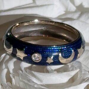 💋Hidalgo 18K Gold Diamonds Moons Stars | Blue Enamel Celestial Band | Size 6.25